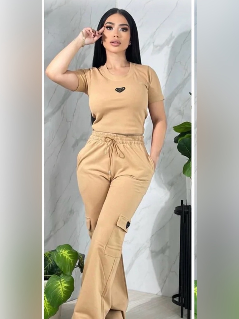 Tan Cargo Jogger Pants Casual Drawstring Waist with Matching Crop Top set size S